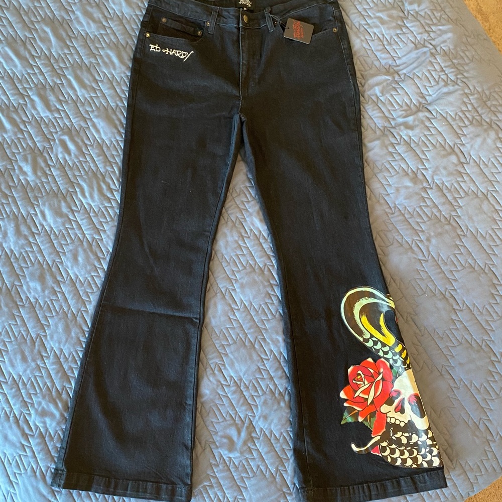Ed Hardy Black Flare Jeans with Skull and Rose Art